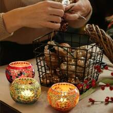 4-Piece Set Of Gorgeous Handmade Turkish Moroccan Mosaic Glass Candle Holders - Colored Unique Decorative Patterns Centerpiece, Handmade Pen Holder, Potted Flower Plate, Makeup Storage, Candle Container For Romantic Dinner, Wedding Anniversary, Birthday, Party Decor, Home Decor And Multicultural Festivals Including Christmas, New Year, Diwali And Three Kings Day