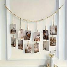 Boho Wall Hanging Photo Display Garland With Wooden Beads & Wood Clips - Rustic Country Decor For Home, Dorm, Living Room - Mixed Shape Photo Holders For Cherished Memories, Boho Home Decor - 木質色 - 查看 1