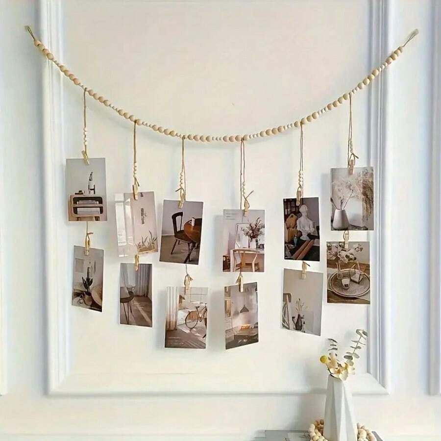 Boho Wall Hanging Photo Display Garland With Wooden Beads & Wood Clips - Rustic Country Decor For Home, Dorm, Living Room - Mixed Shape Photo Holders For Cherished Memories, Boho Home Decor - 木質色 - 查看 1