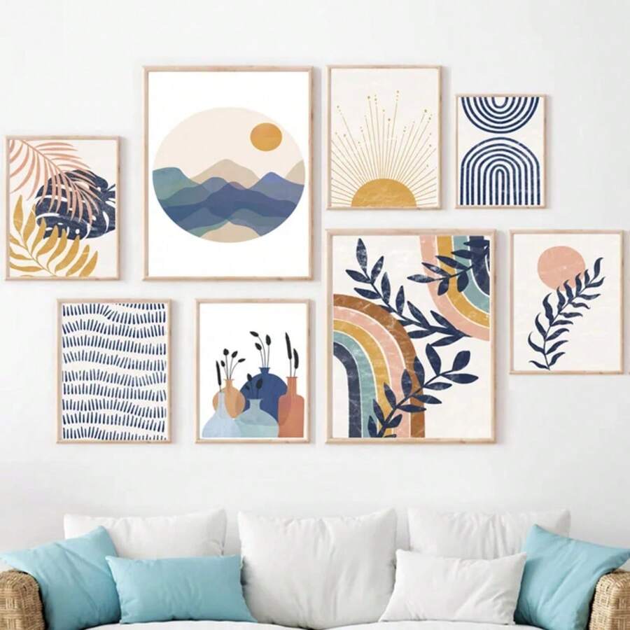 1pc Gift Modern Bohemian Sun Rainbow Leaves Lines Abstract Posters And Prints Wall Arts Canvas Painting Picture Bedroom Living Room Gallery Decor Optional Frame ,Wall Art With Frame - Multicolor - View 1