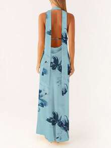 Women Sleeveless V Neck Formal Party Evening Cocktail Long Dress Halter Neck Open Back Silk Satin Maxi Dresses With Scarf - Xám Xanh - Xem 5