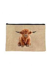 Set de 2 bolsas de lino con estampado de vaca de dibujos animados. Incluye una bolsa de maquillaje, bolso de almacenamiento casual portátil, bolso de moda islámica, bolso con estampado animal, bolso de moda modesta, bolso de compras multifuncional, nuevo diseño, gran capacidad, elección de compras ideal, adecuado para uso diario, regalos del Eid para ella, cumpleaños, vacaciones, playa, viajes, picnics, campamentos, supermercado, almacenamiento diario, regalo del Día de la Madre.