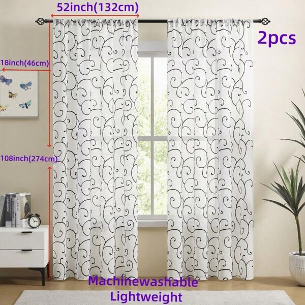 2 piezas de cortinas geométricas abstractas bordadas, color negro, semi-opacas, hechas de fibra de poliéster, adecuadas para diversos ambientes como balcón, dormitorio, sala de estar, cocina, oficina, estudio, hotel, aberturas de ventanas, decoración del hogar, estilo moderno, temática artística, peso de tela de 220-240g
