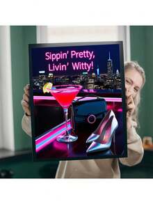 大都会饮品吧艺术海报 - 啜饮美丽，生活机智 - 别致的霓虹时尚墙面装饰，适合现代空间，送给她的独特礼物，家居海报和印刷品帆布画墙画客厅装饰画礼品可选框架