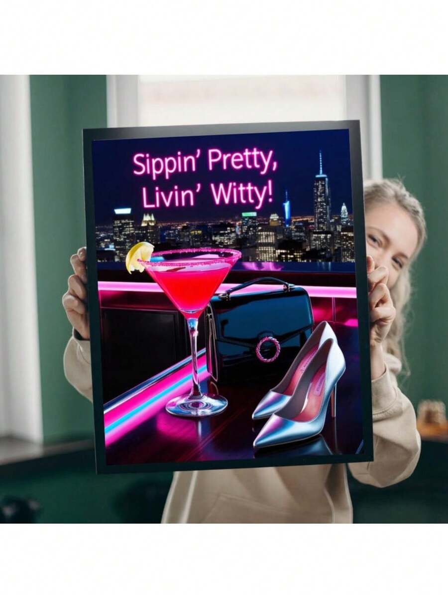 大都会饮品吧艺术海报 - 啜饮美丽，生活机智 - 别致的霓虹时尚墙面装饰，适合现代空间，送给她的独特礼物，家居海报和印刷品帆布画墙画客厅装饰画礼品可选框架
