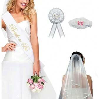 4pcs/Set 80cm/31.5" Veil Set, Includes White Veil, Shoulder Strap, Badge, Leg Garter - For Bachelorette Party, Wedding, Proposal, Valentine's Day, Bridesmaid Gift