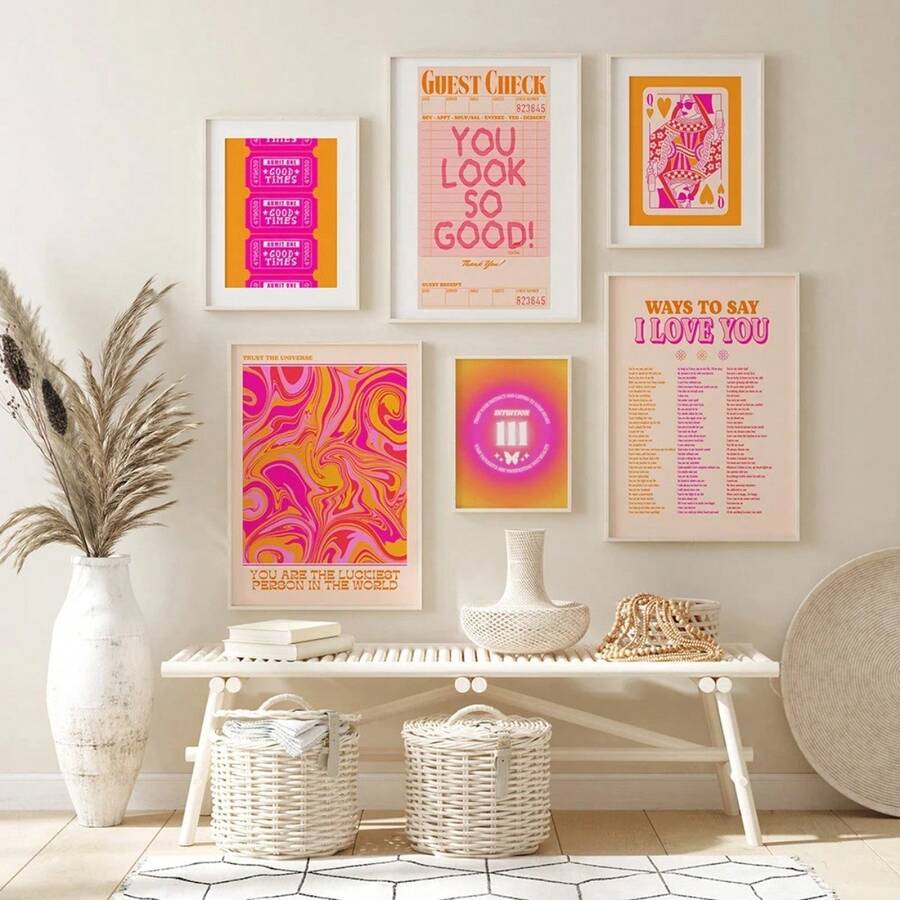 1PC Modern Retro Aesthetic Posters And Prints Orange Pink Preppy Y2k Quote Wall Arts Canvas Painting Wall Picture For Dorm Room Decor Optional Frame ,Wall Art With Frame - Multicolor - View 1