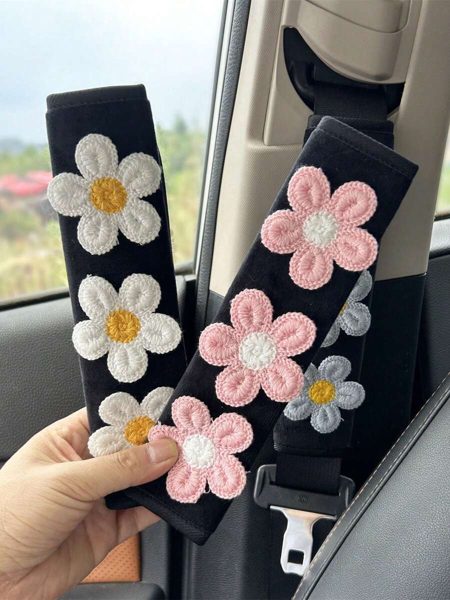 2件装汽车三朵小花肩部保护套汽车防抱死保护套柔软舒适 - 均碼 - 查看 1