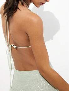 Y2k Women Sparkly Sequin Tank Crop Top Glitter Rhinestone Backless Tie Up Halter Cami Beaded Going Out Camisole - màu xanh lá - Xem 3