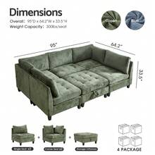 Advwin Oversized Modular Sectional Sofa, 5/6/7/8 Seat Plush Chenille Couch With Storage Ottoman & Thick Cushions, Modern Comfy Convertible L Shaped Sleeper Sofa Bed For Living Room, Green - 綠色 - 查看 8