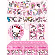 Sanrio 50pcs Sanrio Hello Kitty Party Supplies,Included Birthday Banner,Hanging Vortex,Plates,Napkins,Tablecloth,Includes 1 Pc Birthday Banner,8 PCS Hanging Vortexs, 20 PCS Paper Plates ,20 PCS Napkins ,1 Tablecloth For Hello Kitty Birthday Party Decorations,For Hello Kitty Party Decorations,Hello Kitty Birthday Party Decorations,Hello Kitty Party Decorations