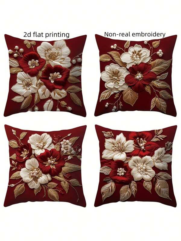 4pcs. Regal Embroidered Floral Pillow Covers Set. Adorned With Exquisite Embroidery Of Large White And Red Flowers, Golden Leaves, And Delicate Pearls On A Deep Red Backdrop. Sized 17.7 X 17.7 Inches, Easy - To - Clean, No Pillow Core