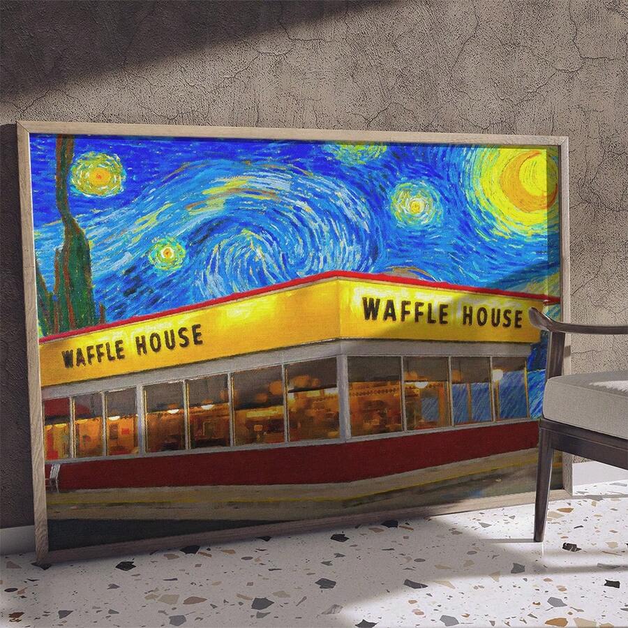 1 Pc Canvas Painting,Waffle House, Starry Night, Painting, Canvas, Interior, Chair, Wall, Floor,Wood Framed Painting (1) Thickness 2.5 Cm/ 1 Inch-Home Decoration For All Occasions,Ideal New Year, Valentine's Day,Thanksgiving,Easter,Christmas Gift,Room Decoration Aesthetic,Wall Decoration Art,Perfect Gift,Autumn And Winter Wall Decoration,Living Room Decoration, Bedroom Decoration, Kitchen Decoration, Entry Decoration, Bathroom Decoration, Direct Wall Painting, High Quality Wall Painting Poster,Modern Home Decoration Stretched And Framed Ready To Hang - Multicolor - View 1