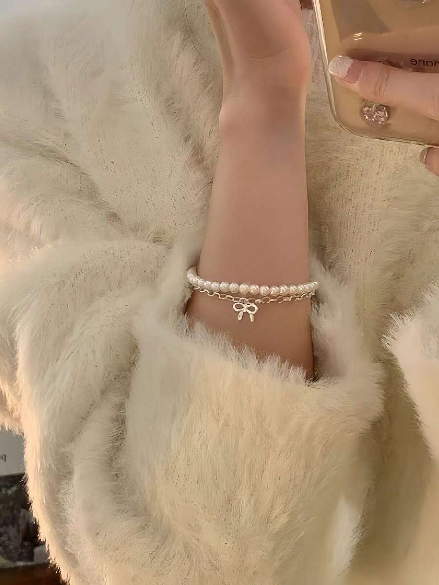 1 件奢华双层蝴蝶结和珍珠叠戴手链