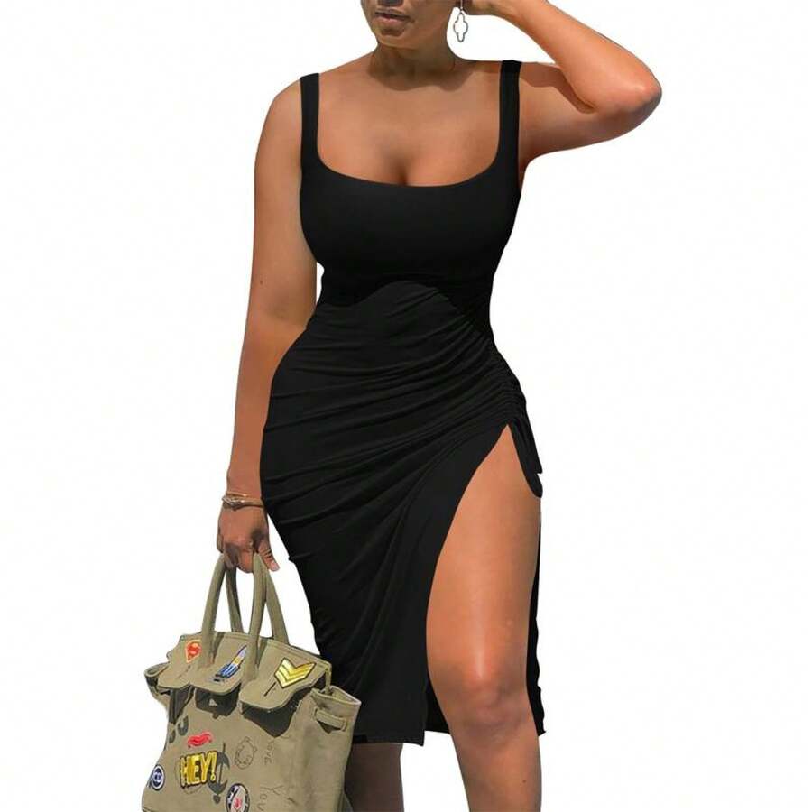 Women's Summer Sexy Sleeveless Side Split Bodycon Ruched Casual Comfy Midi Tank Drawstring Slit Party Dress - Black - View 1