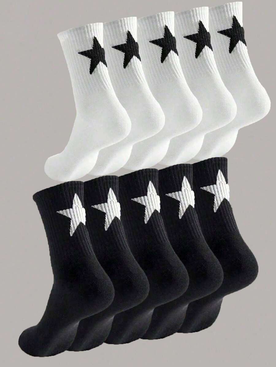 10 Pairs Versatile Five-Pointed Star Patterned Mid-Calf Socks - Multicolor - View 1