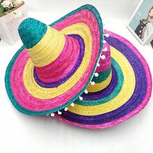 Random Color Straw Hat, Mexican Straw Hat, Woven Straw Hat, Fluffy Ball Straw Hat, Halloween Straw Hat, Party Straw Hat, Performance Prop Straw Hat - Multicolor - View 3