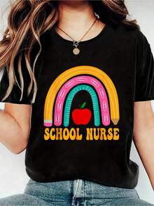 Camiseta con gráfico de enfermera escolar de algodón negro para mujer, camiseta de manga corta con cuello redondo con estampado colorido de arco iris y manzana, top informal de verano ligero de 190 g para profesores, elementos esenciales para el guardarropa de regreso a la escuela - Negro - Ver 1