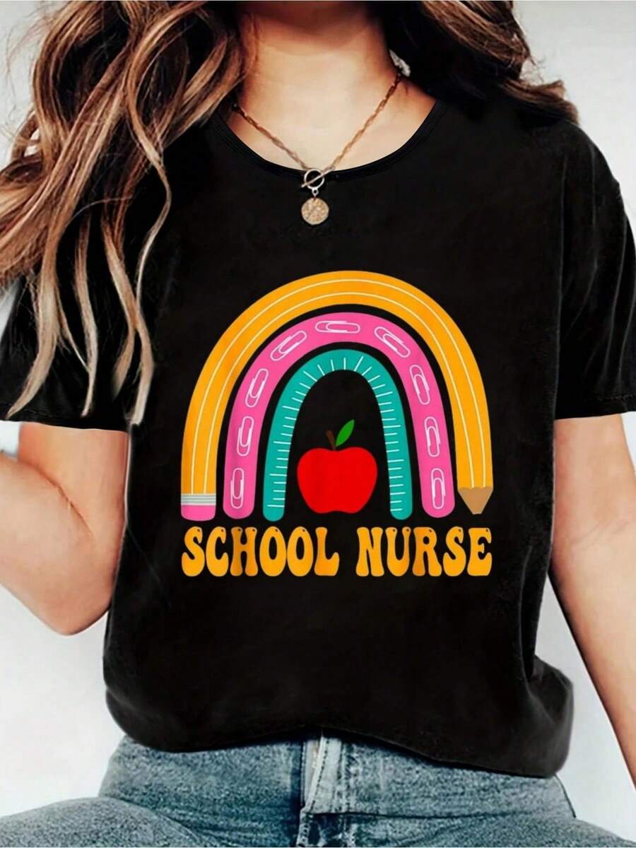 Camiseta con gráfico de enfermera escolar de algodón negro para mujer, camiseta de manga corta con cuello redondo con estampado colorido de arco iris y manzana, top informal de verano ligero de 190 g para profesores, elementos esenciales para el guardarropa de regreso a la escuela - Negro - Ver 1