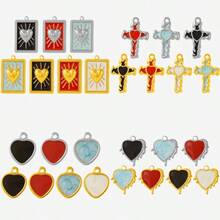 2pcs/7pcs Luxury Dark Style Hiphop 304 Stainless Steel Drip Oil Gold/Silver Heart Cross Pendant Necklace Earring Jewelry DIY Accessories, Gold Plated/Silver Jewelry Making Charms