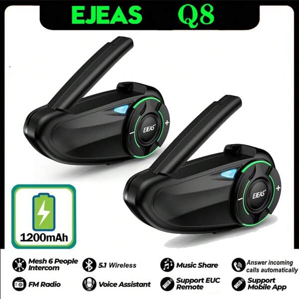 2 piezas EJEAS Q8 Intercomunicador inalámbrico Bluetooth para casco de motocicleta, adopta el nuevo sistema de intercomunicación grupal Mesh 3.0 con reproducción de música y cambio de canal para 6 pilotos hablando al mismo tiempo, auriculares estéreo con manos libres, altavoz y reducción de ruido con micrófono