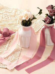 3pcs Handmade Fringe Chiffon Silk Ribbon, Pink Ribbon Frayed Edges Ribbons For Wedding Invitations, Bridal Bouquets, Gift Wrapping,Bow Making - Pink - View 4