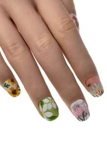 10 pezzi di unghie finte rimovibili, realizzate a mano, realistiche, design originale, forma ovale corta, motivi floreali e dipinti a olio colorati, accessori per unghie estive, con colla e adesivi per donne e ragazze
