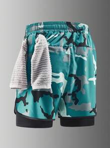 1 Stück Herren Sommer Camouflage Muster Eisseide atmungsaktive schnell trocknende schweißabsorbierende Sportshorts, 2-in-1