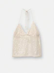 Y2k Women Sparkly Sequin Tank Crop Top Glitter Rhinestone Backless Tie Up Halter Cami Beaded Going Out Camisole - 米色 - 查看 8