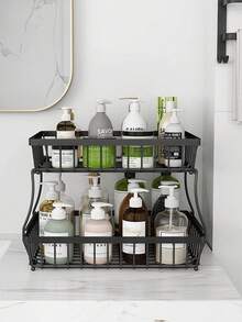 1pc Fruit Basket Vegetable Basket, Metal Storage Basket With Hook And Wooden Handle, Stackable And Movable Kitchen Storage Rack Fruit Storage Basket Kitchen Bread Vegetable Fruit Basket Bowl Rack Detachable Metal Rectangular Wire Base, Countertop Fruit Vegetable Basket Bowl For Kitchen Counter, Detachable Wire Storage Basket Fruit Rack Rack Organizer - Black - View 3