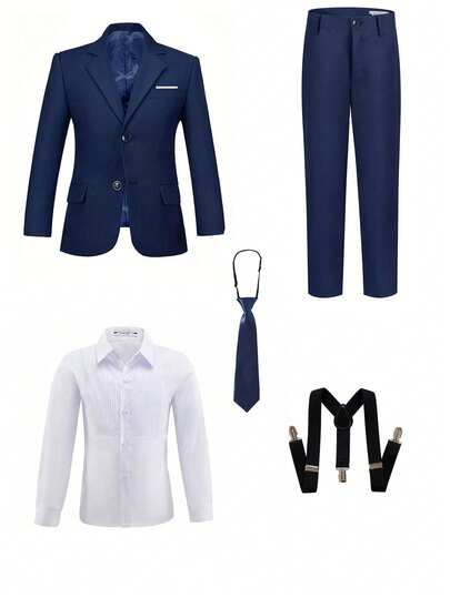 5件套男童西装套装，幼儿正式礼服，花童礼服，婚礼西装外套，裤子，衬衫，领带，儿童正式西装，藏蓝色，尺码4-16岁