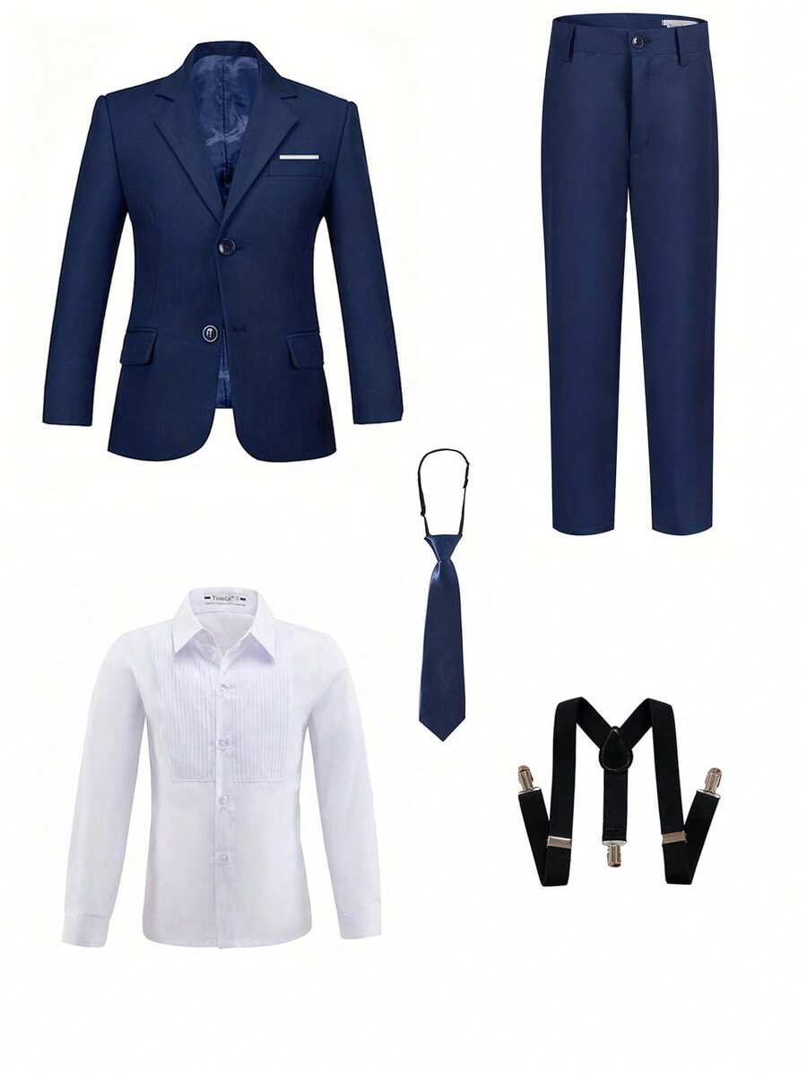 5件套男童西装套装，幼儿正式礼服，花童礼服，婚礼西装外套，裤子，衬衫，领带，儿童正式西装，藏蓝色，尺码4-16岁 - 藏蓝色 - 查看 1