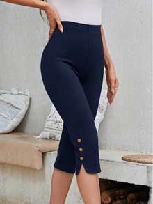 3pcs Women High Waist Elastic Skinny Pants - Fashionable Sportswear With Faux Button Detail, Moisture Wicking Polyester Fabric, 4-Way Stretch For Ultimate Comfort - Machine Washable - Multicolor - View 4