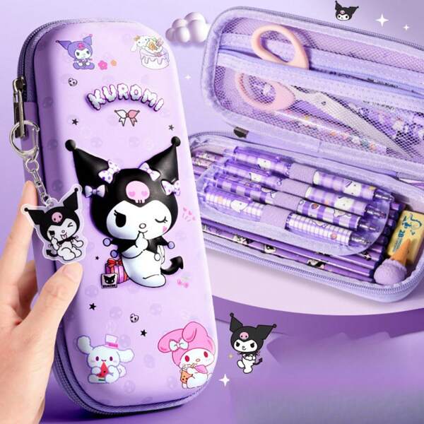 Sanrio صندوق قرطاسية كبير السعة من سانريو كورومي هيلو كيتي سيناموريل وردي أزرق بنفسجي، علبة أقلام، حقيبة تخزين مقاومة للسقوط، حلوة وإبداعية، هدايا للسيدات الشابات والطالبات لمناسبات مثل عيد الميلاد والسنة الجديدة