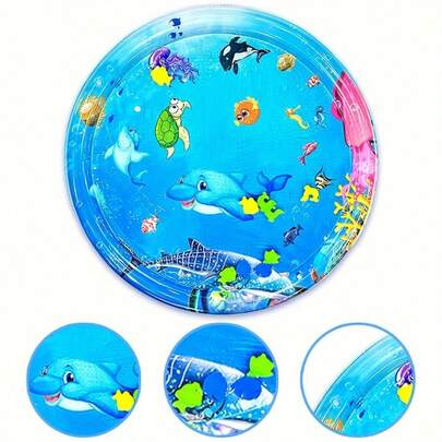 1pc Inflatable Round Dolphin Water Play Mat, PVC Material, Suitable For Toddlers, Cartoon Design Water Pad, Encourages Activity And Sensory Development, Excellent Gift For Christmas, Halloween, Thanksgiving, New Year, Valentine's Day