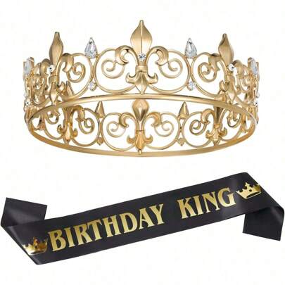 Birthday King Crown And Sash, Royal Gold King Crown For Men Party Decoration Prom Birthday Gifts For Men King Pageant Crown, Back To School Valentine Day