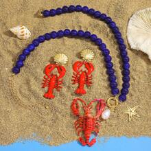 3-Piece Set Cute Seaworld Style Lobster Beaded Necklace Earrings Set, Fashion Seaside Creature Pendant Necklace Earrings, Suitable For Summer Holiday Wear, Adjustable Necklace For Women's Daily Beach Vacation Accessory (Handmade, Color & Design May Vary Slightly)