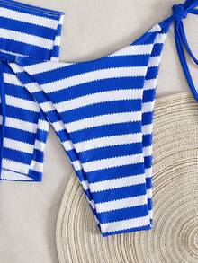 3pcs/Set Women Striped Print Halter Bikini Set And Boy Shorts, Summer - Blue and White - View 4