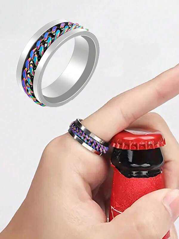 1 Stück moderner drehbarer Ring Flaschenöffner, perfektes Accessoire für Getränke und Bier, aus Titanstahl, Edelstahlkette, geeignet für Outdoor, Camping, Dekoration, cool