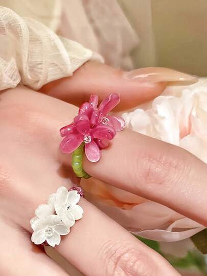 2pcs/Set Fashionable Beaded Floral Decor Stretchy Rings Suitable For Daily Wear
