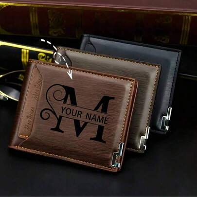 1 pieza Billetera de cuero personalizada para hombres - Iniciales grabadas con láser, regalo ideal para papá, hijo, cumpleaños, aniversario, Navidad, Día del Padre, Acción de Gracias - Billetera de hombre elegante de color marrón oscuro, regalo de cumpleaños, billetera mini, billetera de hombre, billetera de cuero, billetera pequeña, multifuncional