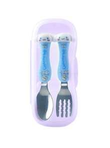 Sanrio 2 pezzi Set di posate Sanrio Hello Kitty, Kuromi, My Melody, Cinnamoroll, in acciaio inossidabile 304, con bacchette, cucchiaio e forchetta a tema cartone animato, set di stoviglie portatile con scatola di immagazzinaggio, articoli scolastici