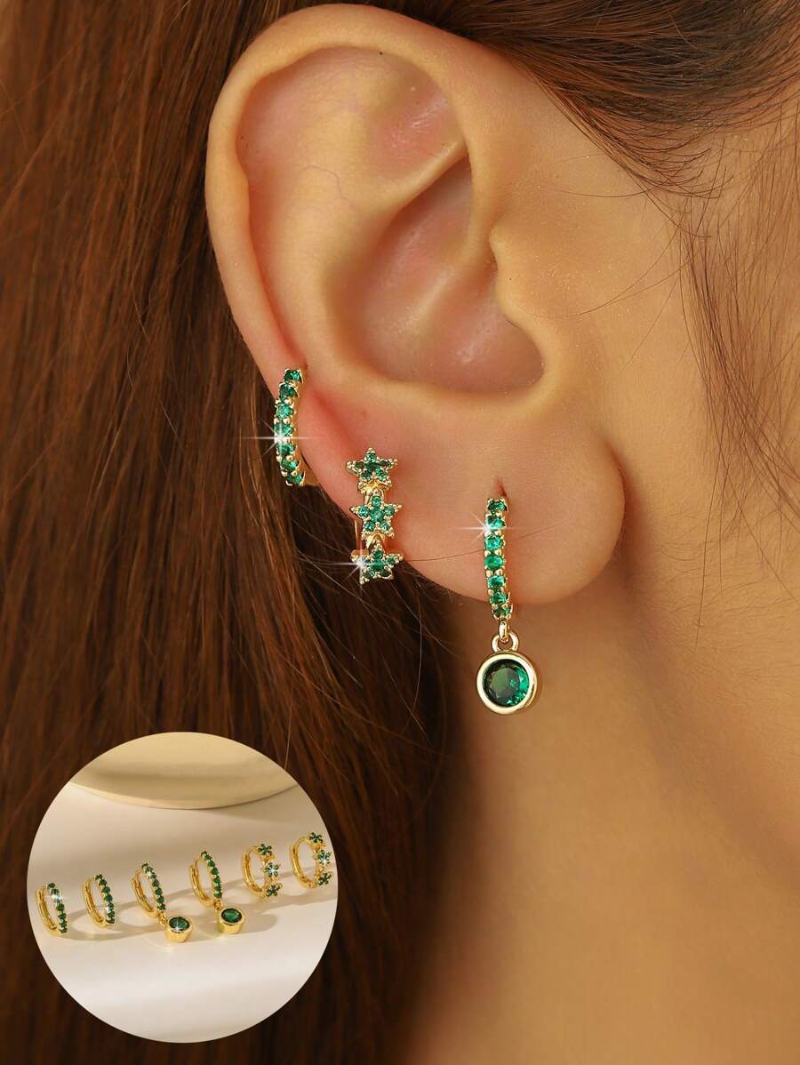 Conjunto de 6 brincos brilhantes de zircônia cúbica em formato de estrela, flor e lágrima, banhados a ouro 18K e cobre, adequados para uso diário feminino, datas ou como presente