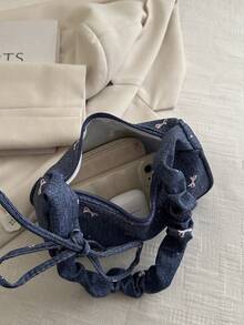 1 Pc Denim Fabric Smooth Zipper Bow Print Casual Fashionable Unique Shoulder Bag, Suitable For Women's Daily Use - Blue - View 8
