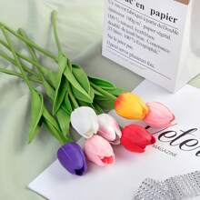 Colorful Artificial Tulip Flower Bouquet, Placed In Glass Vase - Vivid Polyurethane Fake Flowers, Perfect For Valentine's Day Home Decor, Realistic And Durable, No Battery Needed, Floral Decoration