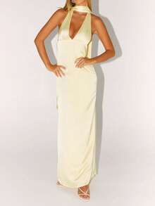 Women Sleeveless V Neck Formal Party Evening Cocktail Long Dress Halter Neck Open Back Silk Satin Maxi Dresses With Scarf - Màu vàng - Xem 7