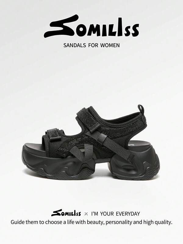 somiliss 1 pereche de sandale sport casual pentru femei, talpă cu platformă groasă de 6 cm, papuci de plajă la modă cu cristale, pantofi de mers pe jos ușori și confortabili, produse noi vara 2025, culoare neagră