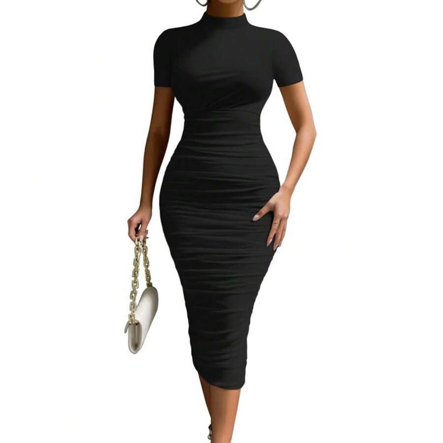 Women's Elegant Bodycon High Neck Short Sleeve Ruched Midi Formal Cocktail Dress - Black - View 1