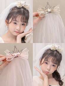 1pc Girls Princess Long Veil Crown Hair Clip, Cute Hair Accessory - Multicolor - View 8