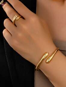 1 套时尚简约重金色金属几何水滴光滑饰面女士首饰套装，包括手链、戒指、项链、耳环、优雅简约耳环、项链、戒指和开口手镯、多用途日常女性配饰、春季设计 - 金黃色 - 查看 16